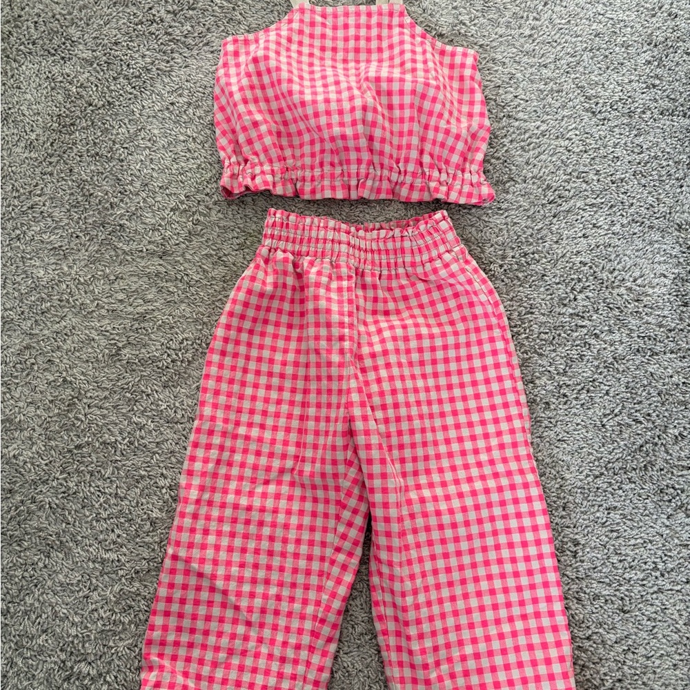 Zara Girls Pink Gingham Jumpsuit Set